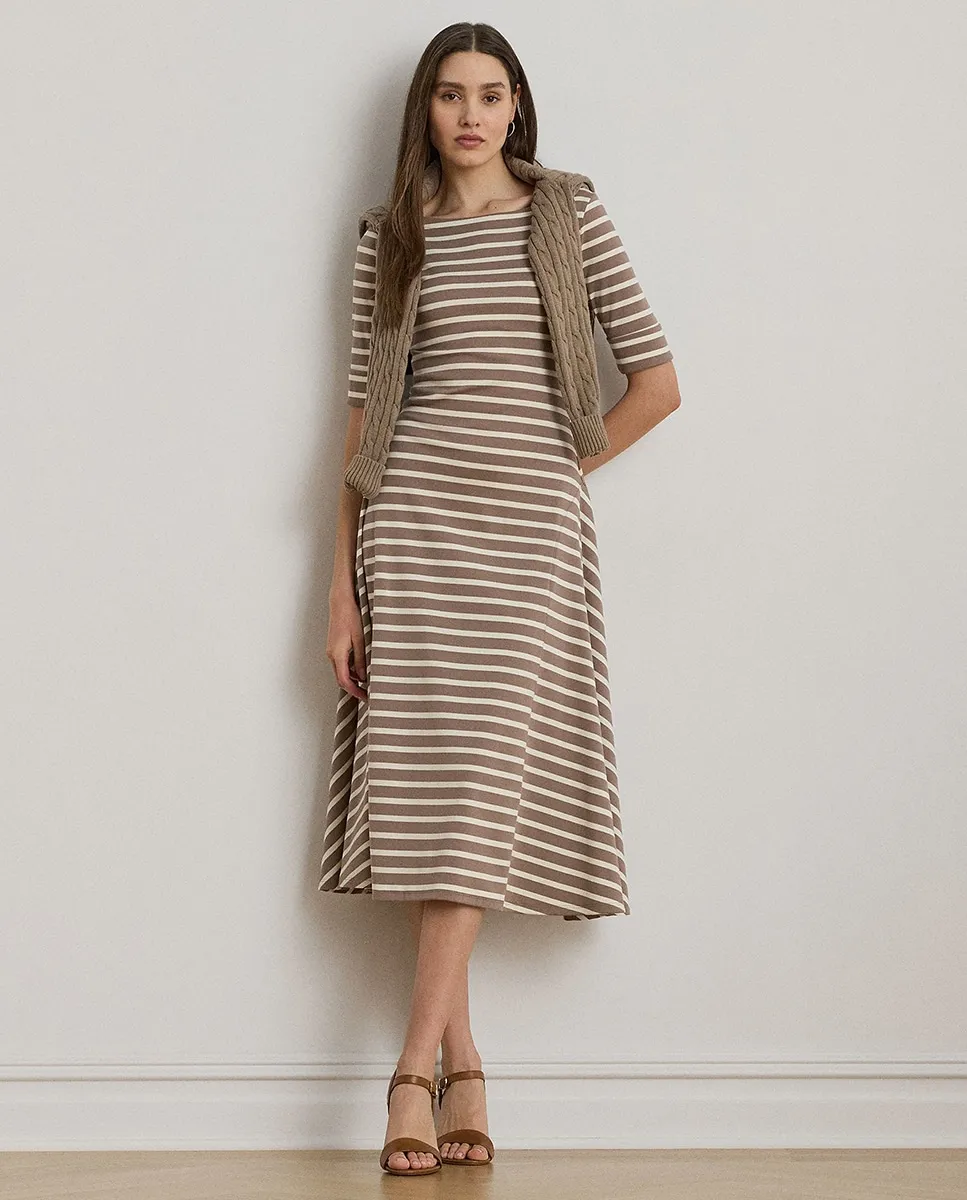 

Эластичное хлопковое миди-платье Lauren Ralph Lauren, бежевый