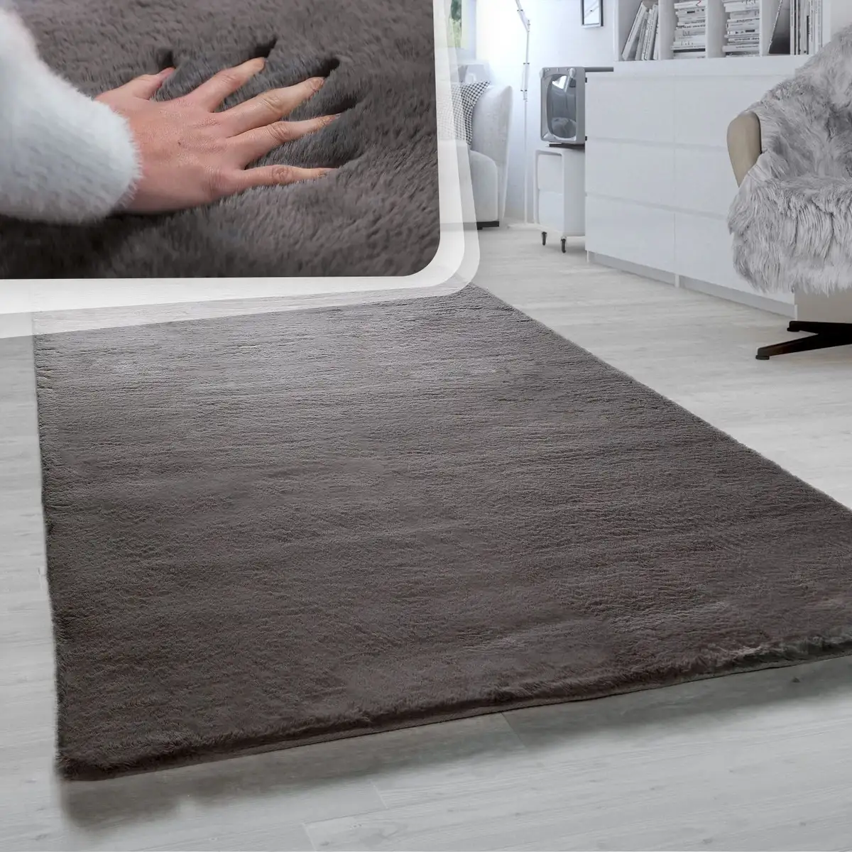 

Меховой ковер Paco Home "Rabbit 780", овальный, искусственный мех, ощущение кроличьего меха, настоящий приятный ковер, однотонные цвета 180х200 см, цвет charcoal