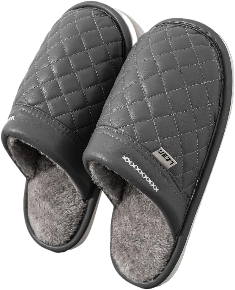 

Мужские домашние тапочки с премиум-класса, кожаные, с термоэффектом, узором «алмазная стежка», противоскользящие, мягкие, теплые и пушистые Generic, серый