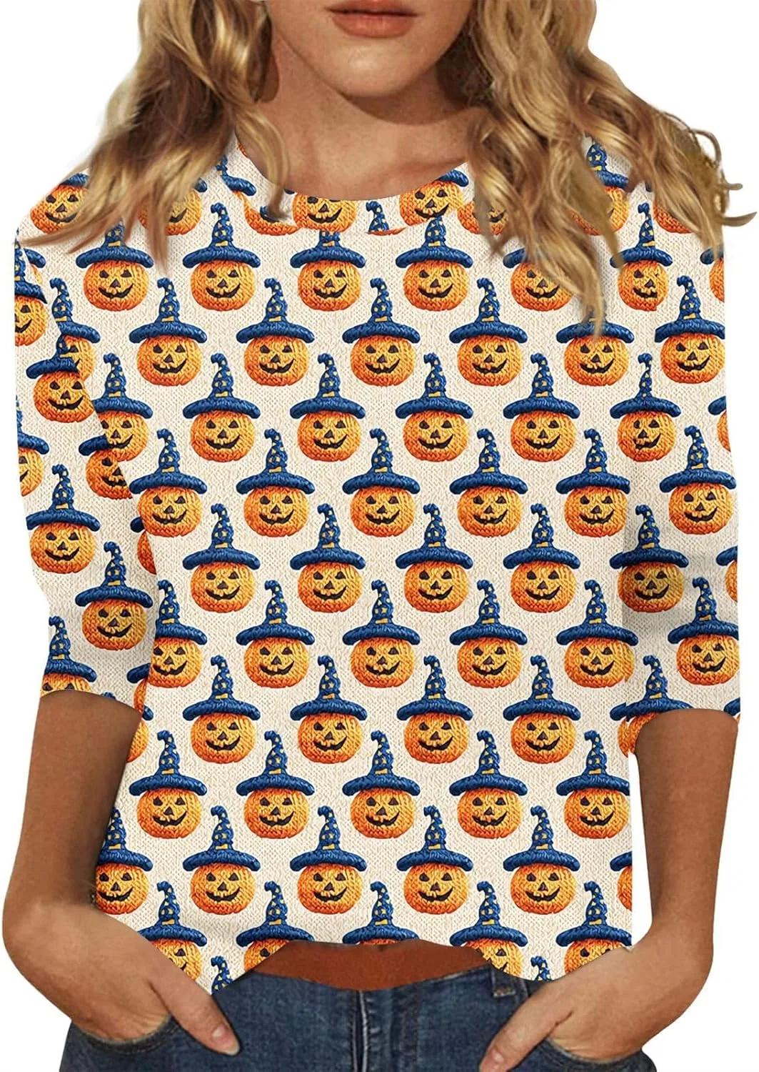 Блуза женская с принтом Halloween, 3/4 рукав, оранжевый