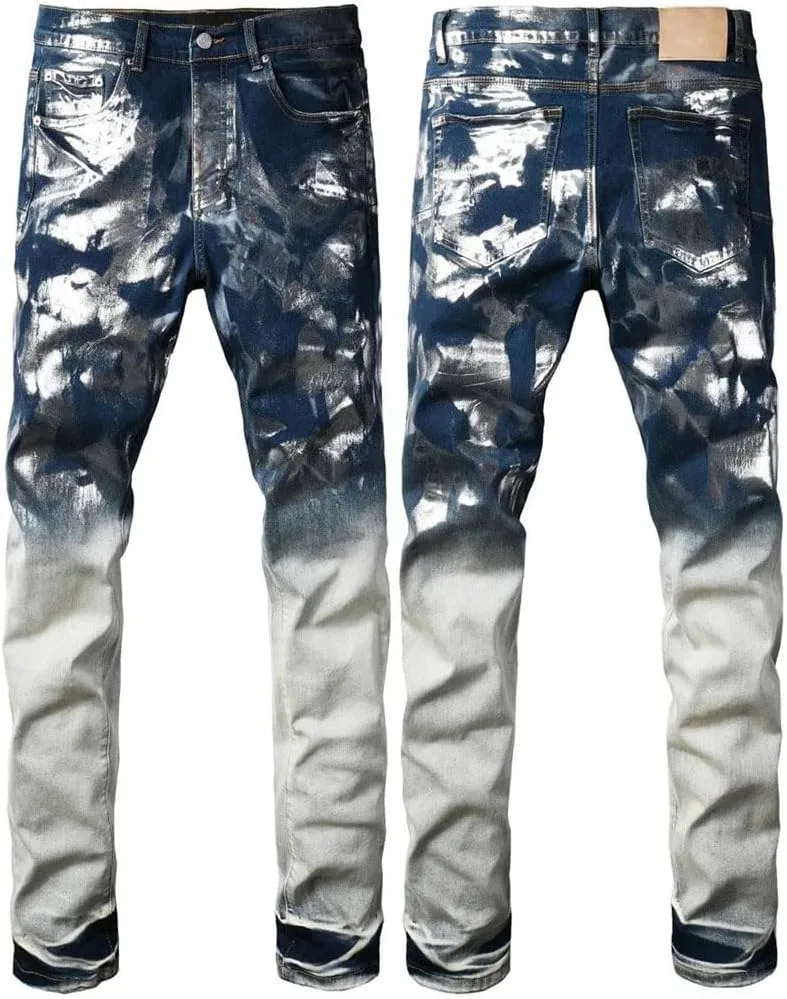 Джинсы Men's Coated Distressed Skinny Jeans Retro Wash Stretch Ripped Button Denim Pants, 9134