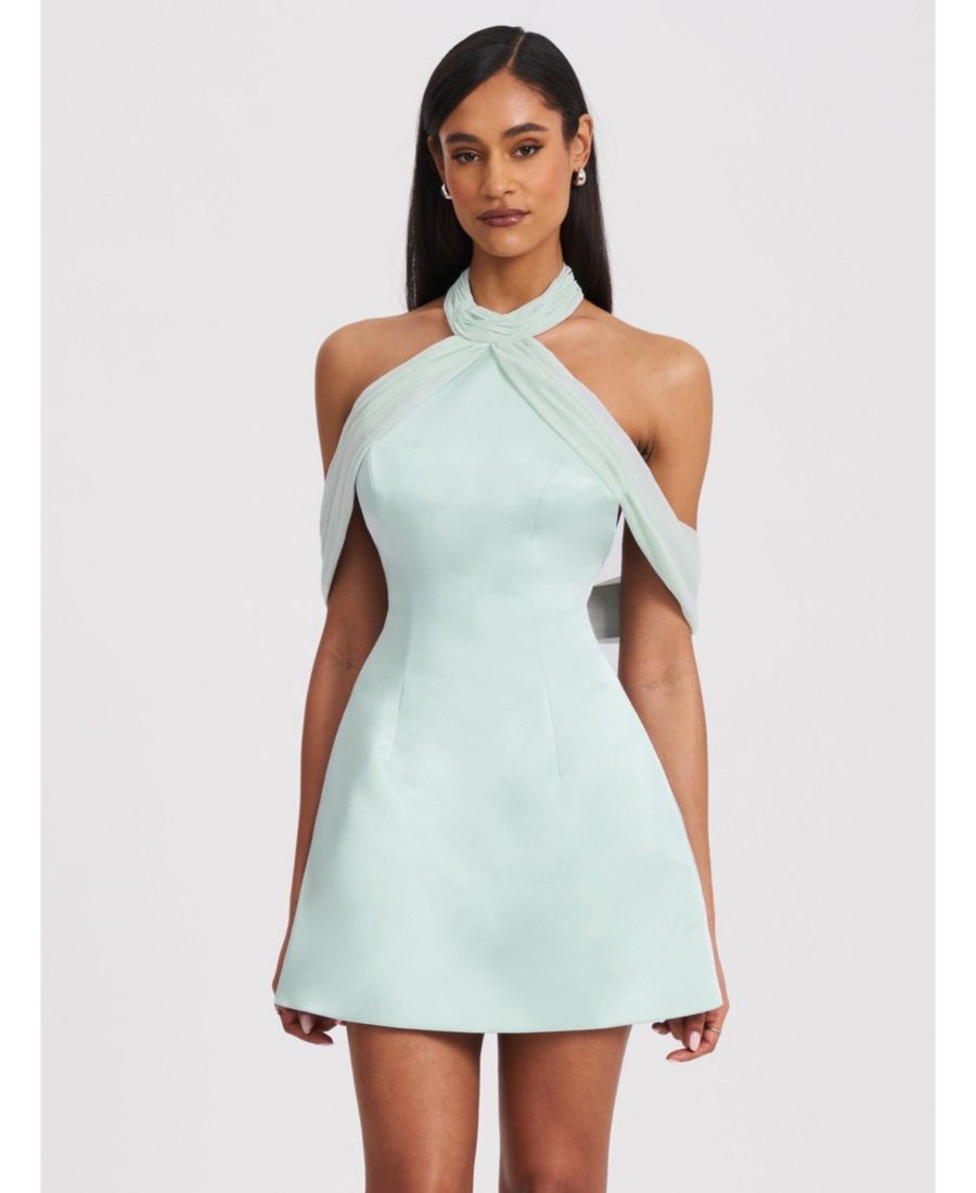 

Женское мини-платье Zafrina светло-голубого цвета с открытой спиной и бретелями через шею Miss Circle, Cyan green