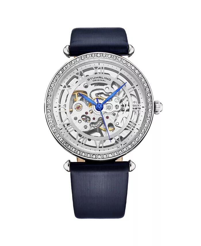 

Женские часы Legacy, синяя кожа, серебристый циферблат, круглые часы 45 мм Stuhrling