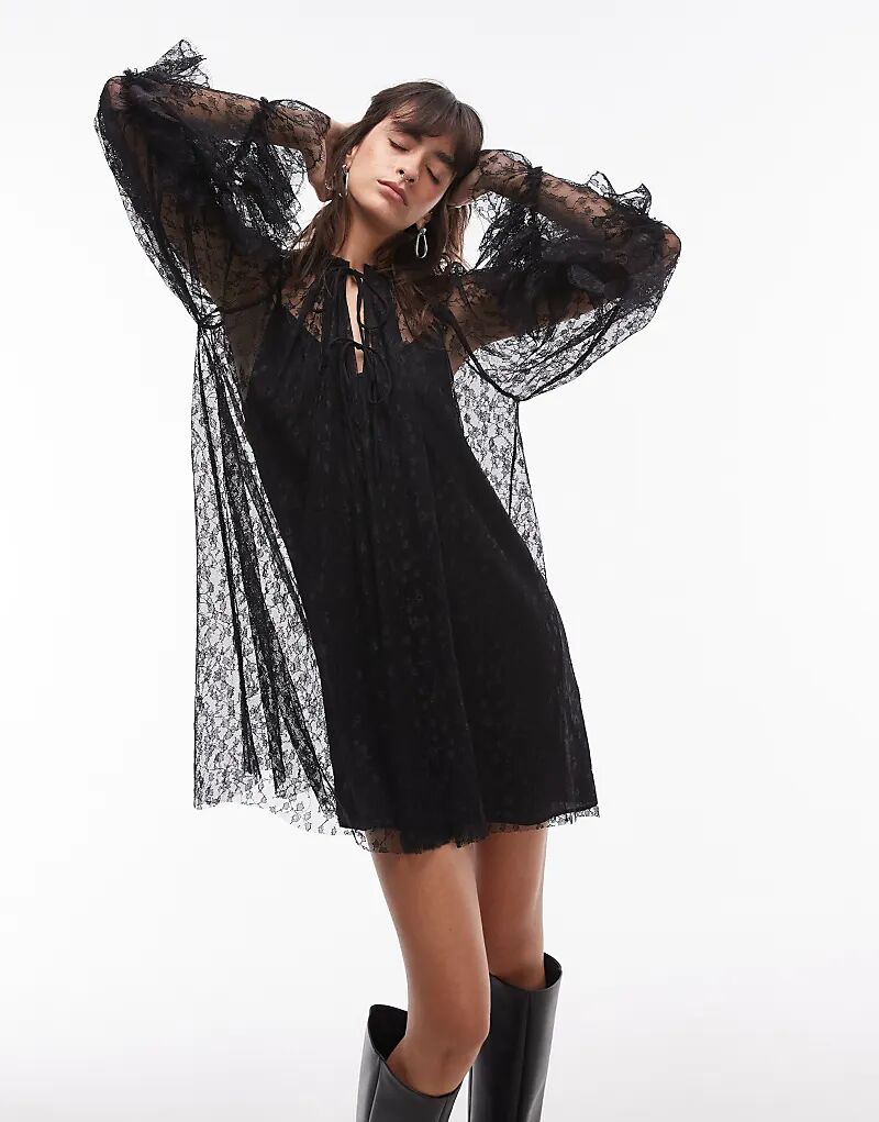 

Кружевное мини-платье-трапеция с длинными рукавами черного цвета Topshop