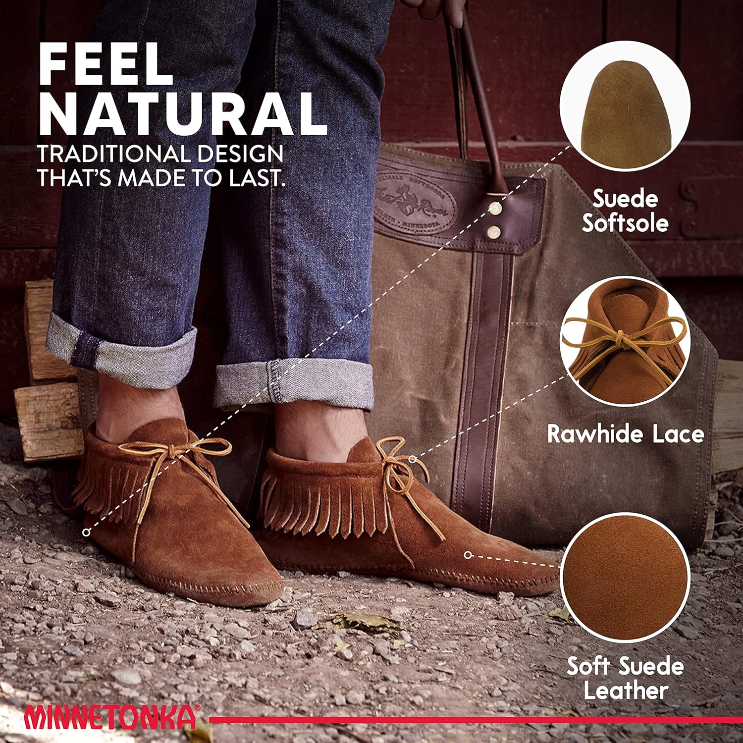 Мокасины-башмачки Minnetonka с классической бахромой для мужчин, Softsole Brown — фото 3