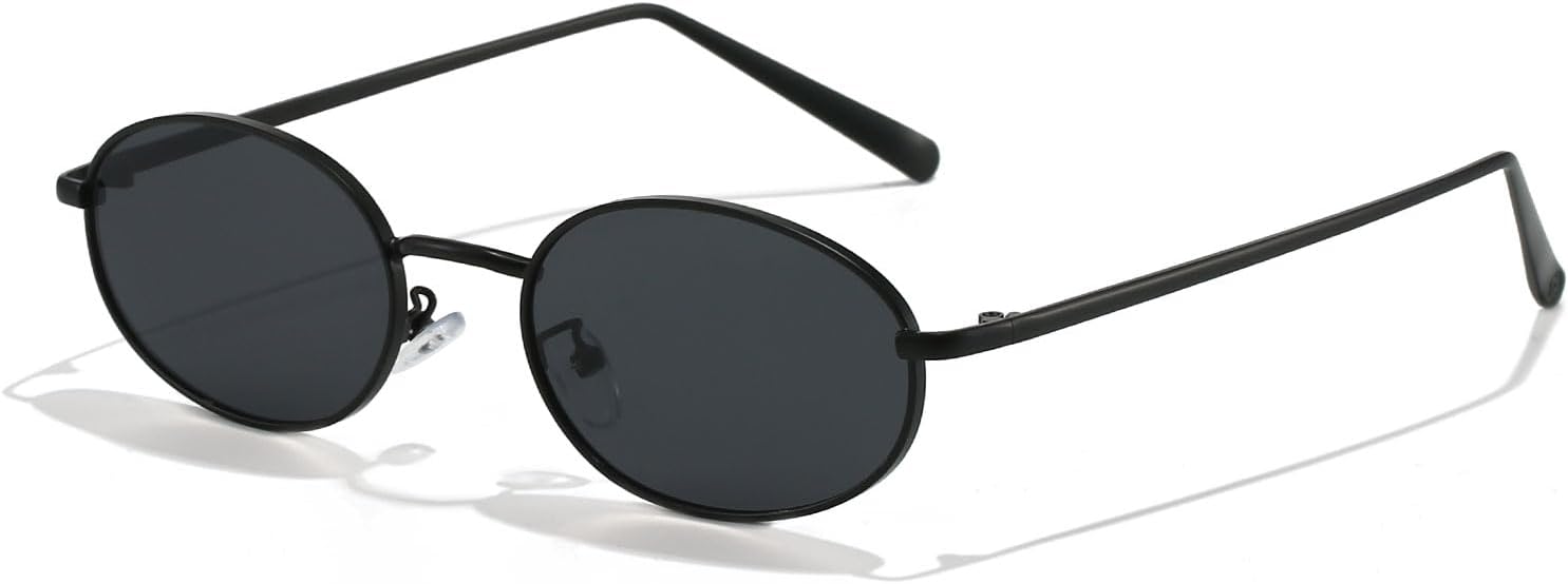 

Ретро овальные солнцезащитные очки для женщин и мужчин в стиле 90-х, модные маленькие круглые солнцезащитные очки золотистого цвета, узкая металлическая оправа SUNBSR, Black/Grey