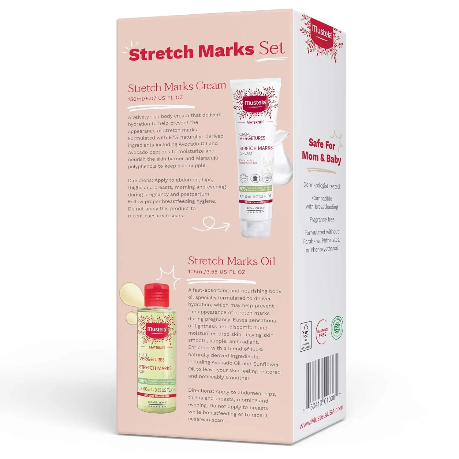 Набор Mustela Maternity от растяжек - натуральный уход для беременных - крем от растяжек и масло для живота - EWG Verified, без отдушки - набор 2 предмета — фото 4