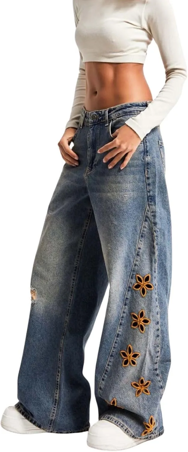 

Джинсы для девушек, Cute Embroidered, High Waisted, Straight Leg Lafaguw