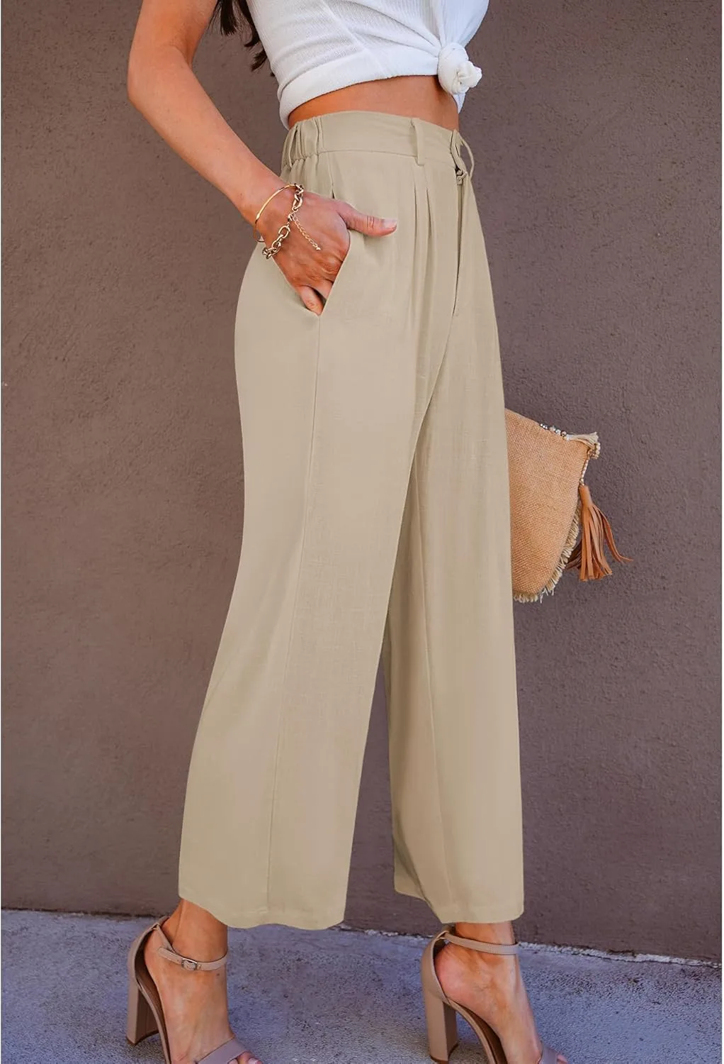 Укороченные льняные брюки женские High Waisted Wide Leg Capri летние для работы и офиса Casual с карманами Generic, бежевый — фото 3