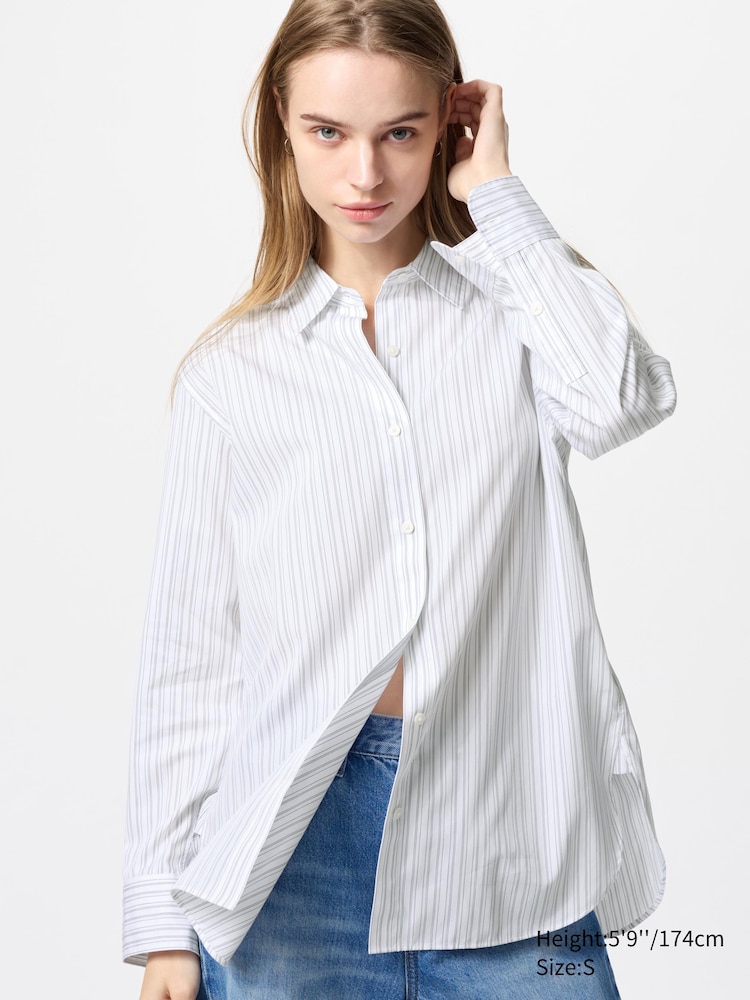 

Рубашка из хлопка в полоску Uniqlo, цвет 00 белый