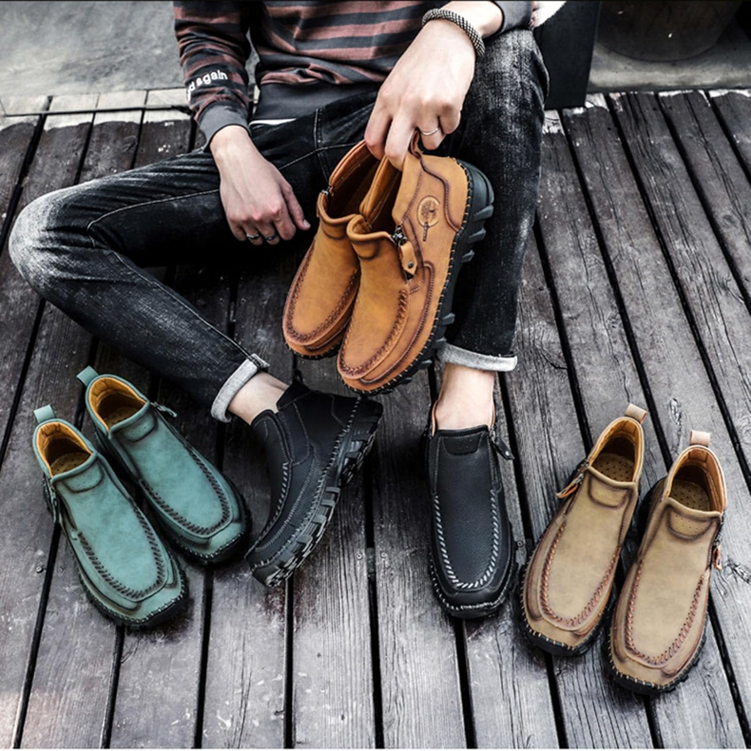 Мужские ретро мокасины Myallfeet с ручной прошивкой для ходьбы, противоскользящие, с боковой молнией, кожаные, для активного отдыха и вождения, с поддержкой свода стопы, деловые и офисные мокасины, черный — фото 2
