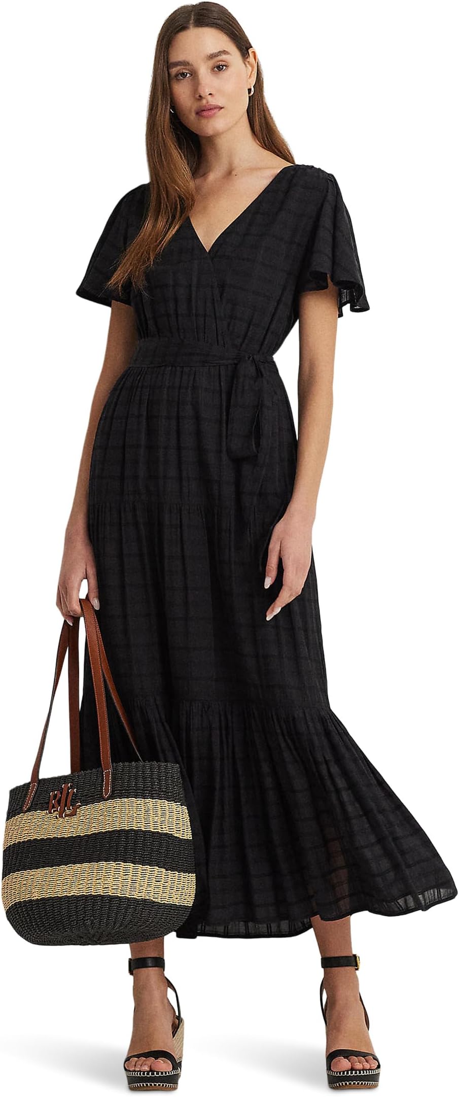 

Платье Lauren Ralph Lauren Shadow-Gingham Belted Cotton-Blend Dress, черный