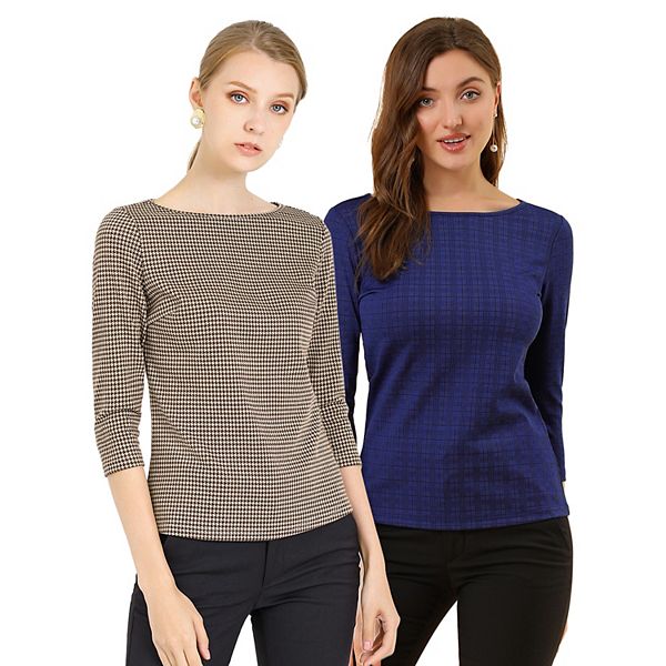 

2 упаковки блузки с 3/4 рукавом и лодочкой в клетку Inspire Chic, Deep Blue Brown