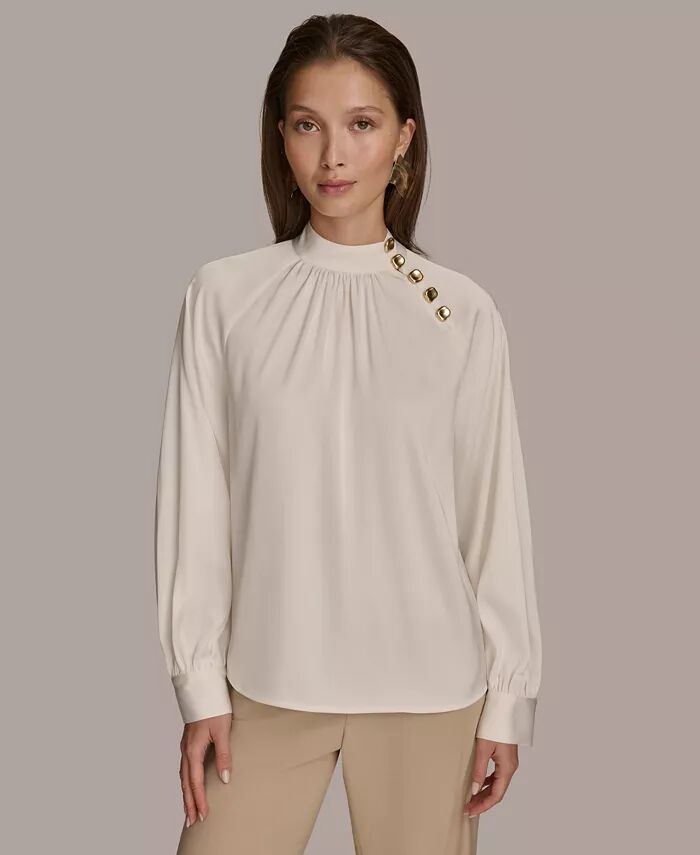 

Женская блузка с высоким воротом и отделкой пуговицами Donna Karan New York, слоновая кость/кремовый