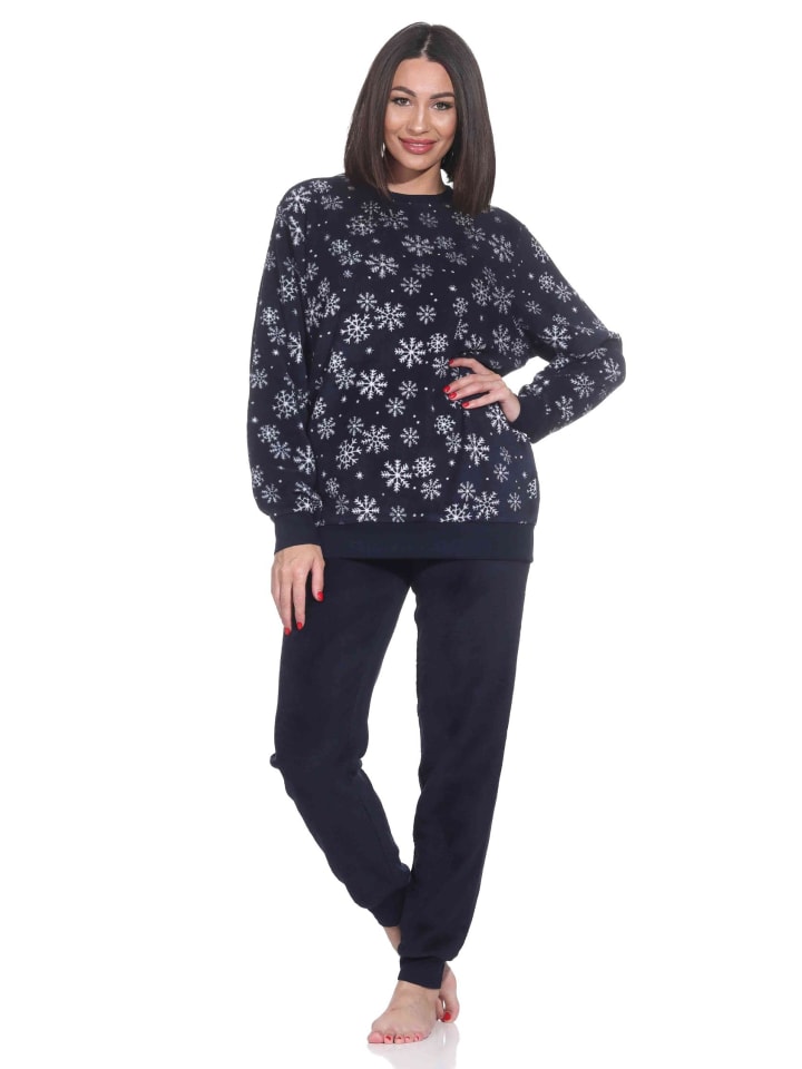 

NORMANN Пижама с длинными рукавами и манжетами, изготовленная из кораллового флиса темно-синего цвета