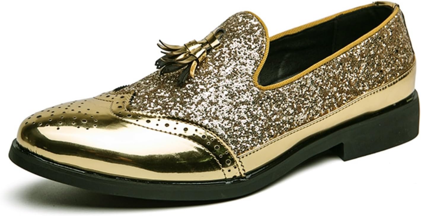 

Мужские блестящие лоферы с пайетками и кисточками, лакированная кожа, без шнуровки, броги с крыльями, классические туфли для костюма, комфортные, легкие, противоскользящие, для работы, свадеб, балов, деловых мероприятий и вечеринок Yrzhgdl, золо...