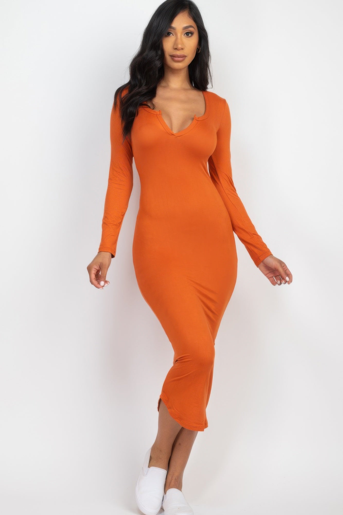 

FASHNZFAB женское платье миди с разрезом на шее и длинными рукавами, цвет mango