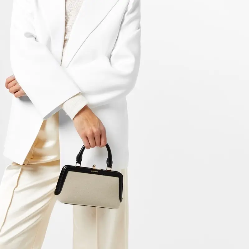 JIL SANDER Кожаная сумка через плечо с льняной отделкой миниатюрная женская в светлом умбре — фото 4