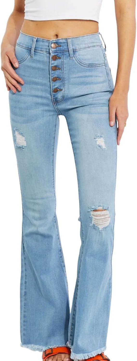 

Женские джинсы Casual Flare Vintage с высокой талией, потертые, с необработанным краем, Jess Button, светлый деним Yanhoo