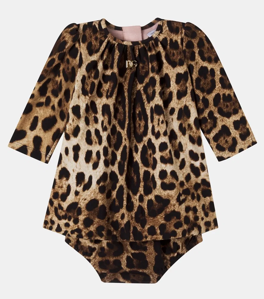 Детское хлопковое платье с леопардовым принтом Dolce&Gabbana Kids, коричневый — фото 2