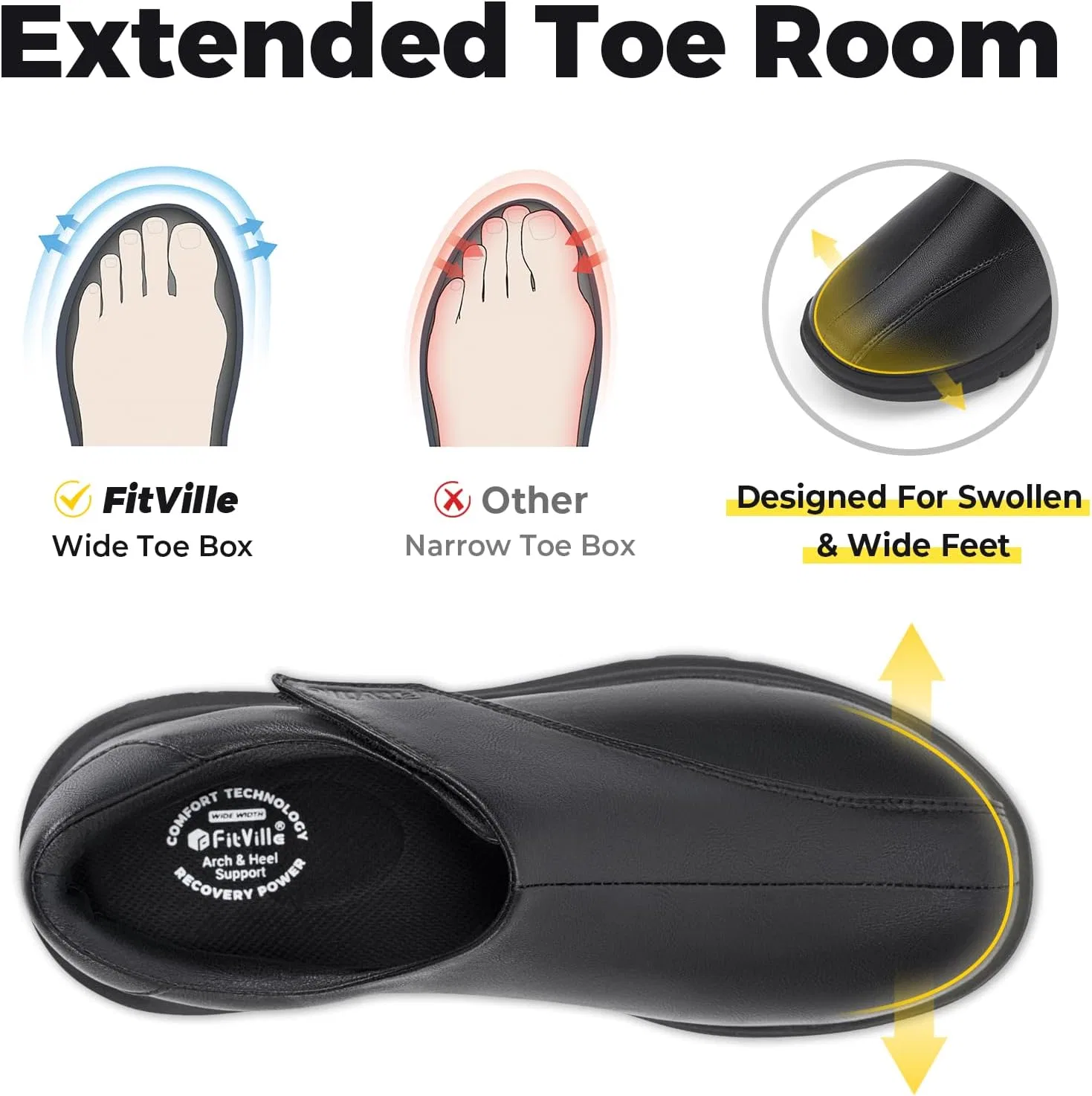 Мужские кожаные туфли FitVille EasyTop Deluxe V1 с застежкой, очень широкие, удобные, для пожилых людей, для ухода за стопами, оздоровительные тапочки, деловая повседневная обувь для широкой стопы, Black — фото 4