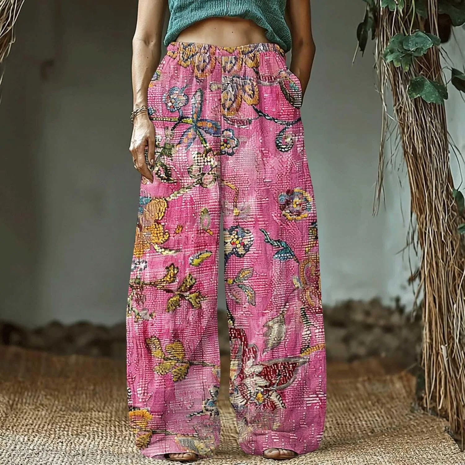 Льняные брюки женские 2025 Casual High Waist Wide Leg с цветочным принтом палаццо свободные модные пляжные бохо с карманами Generic, мультиколор — фото 2