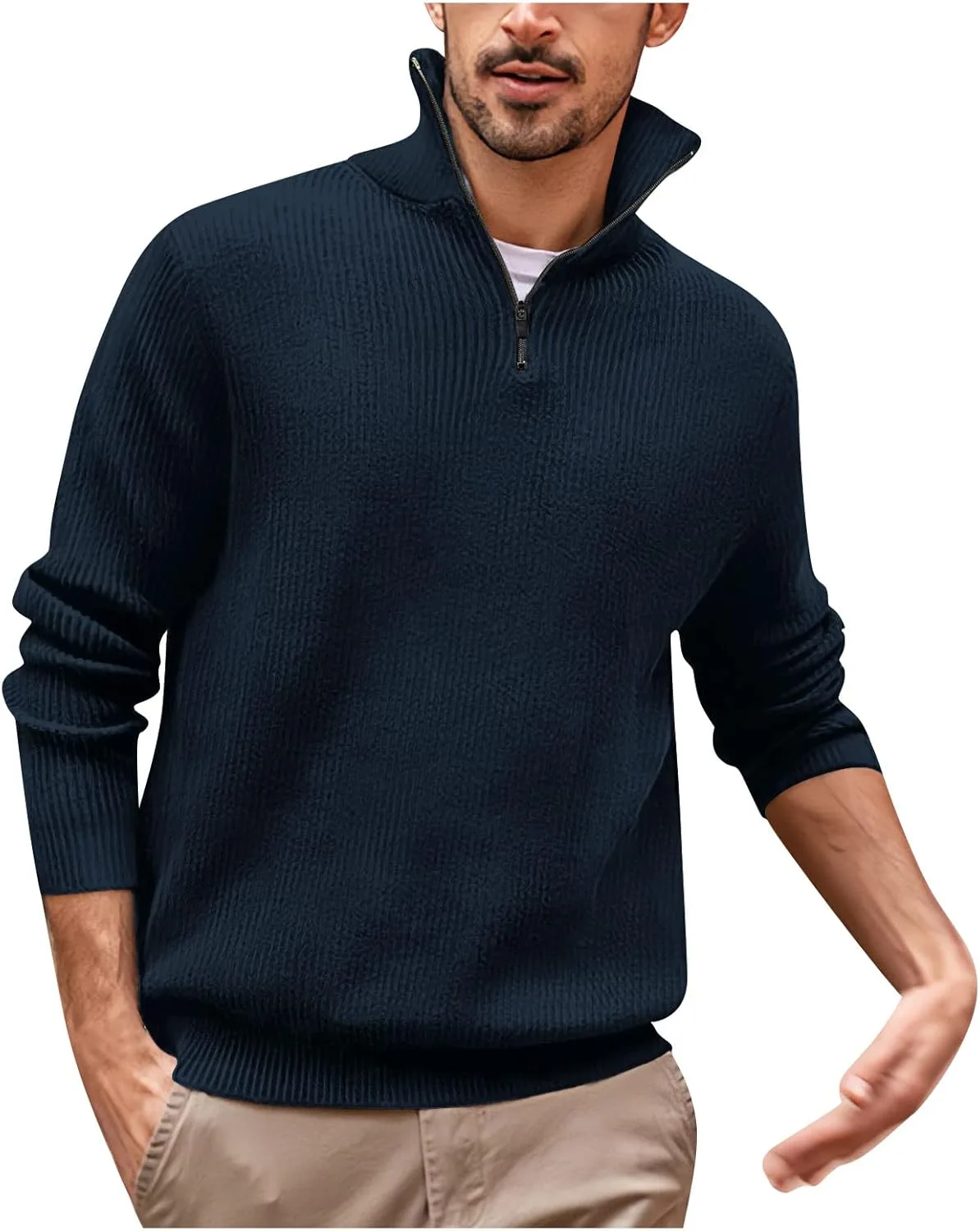 

Мужской свитер Ymosrh с длинным рукавом, рифленый, термо, с четвертью молнии