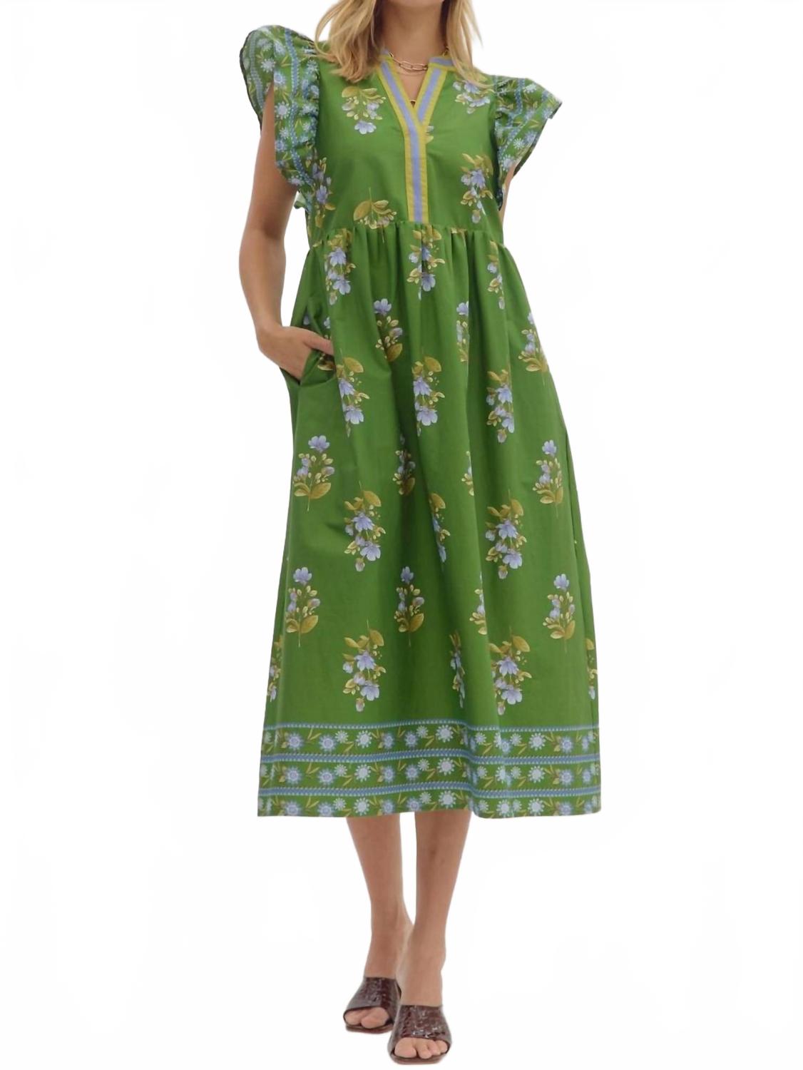 

Entro Платье-миди с разрезом на шее и цветочным узором, зеленое