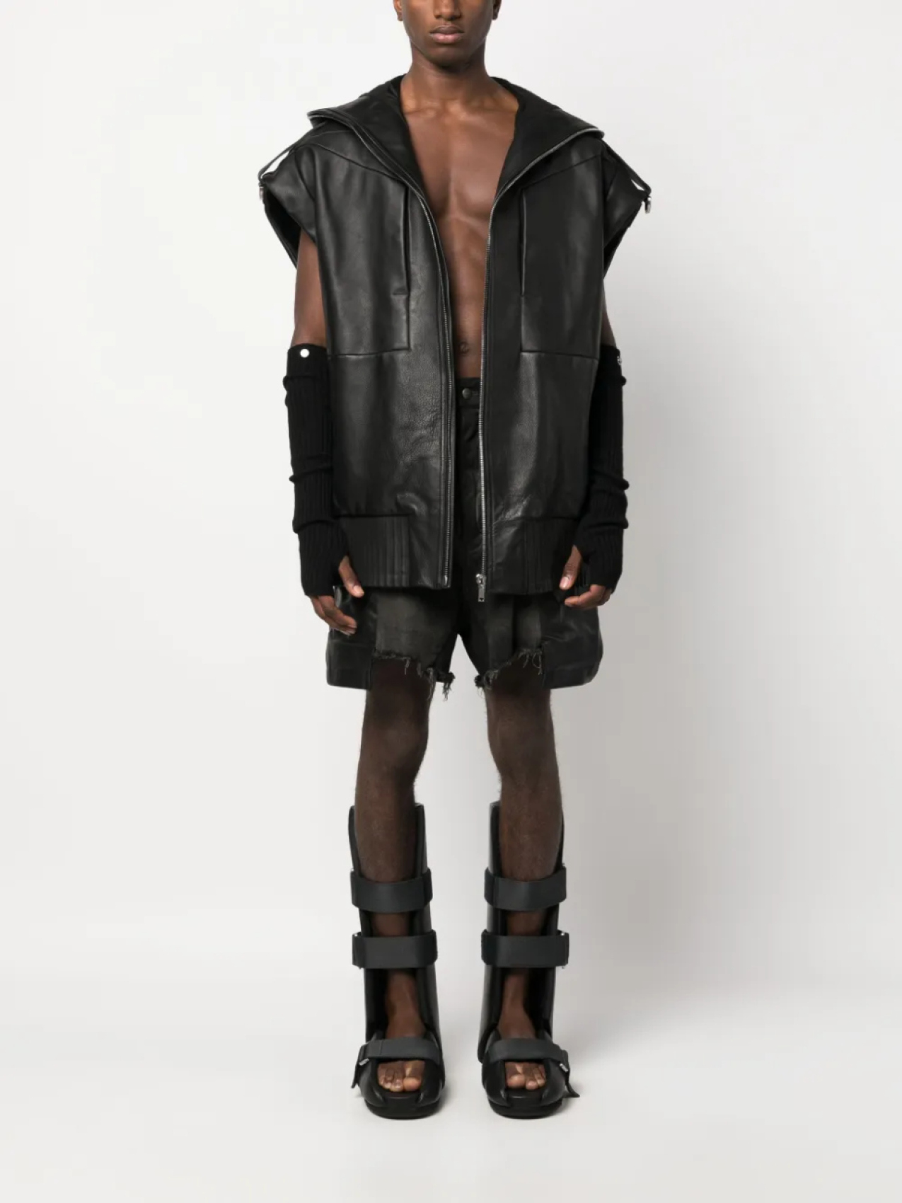 Rick Owens кожаный жилет Lido с капюшоном, черный — фото 2