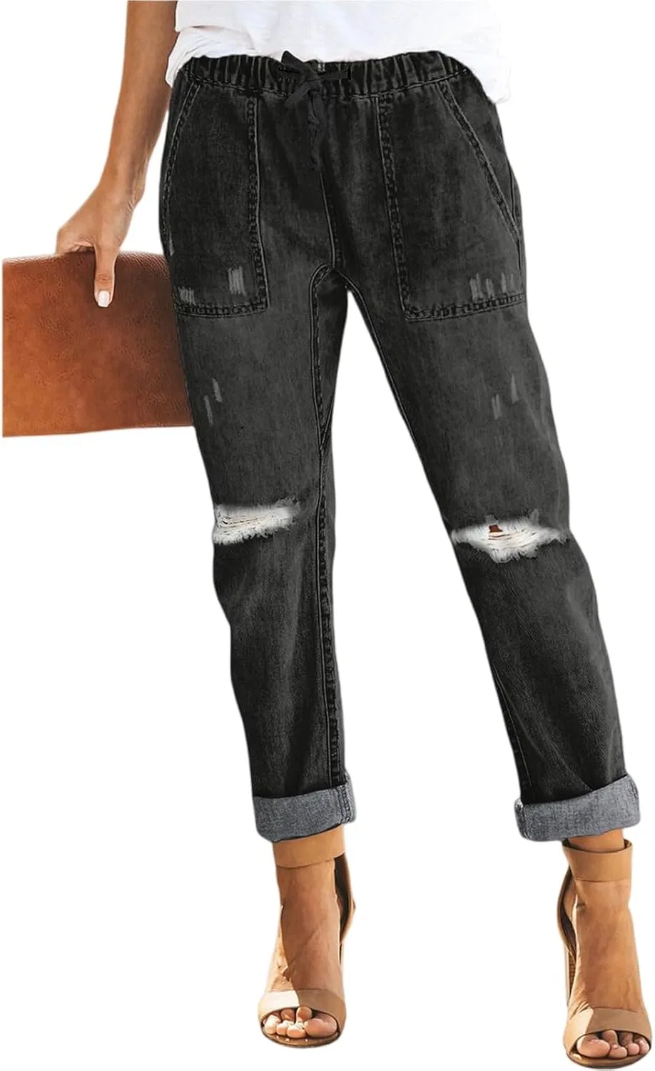 Джинсы прямые с рваными элементами, на резинке, черные — фото 2