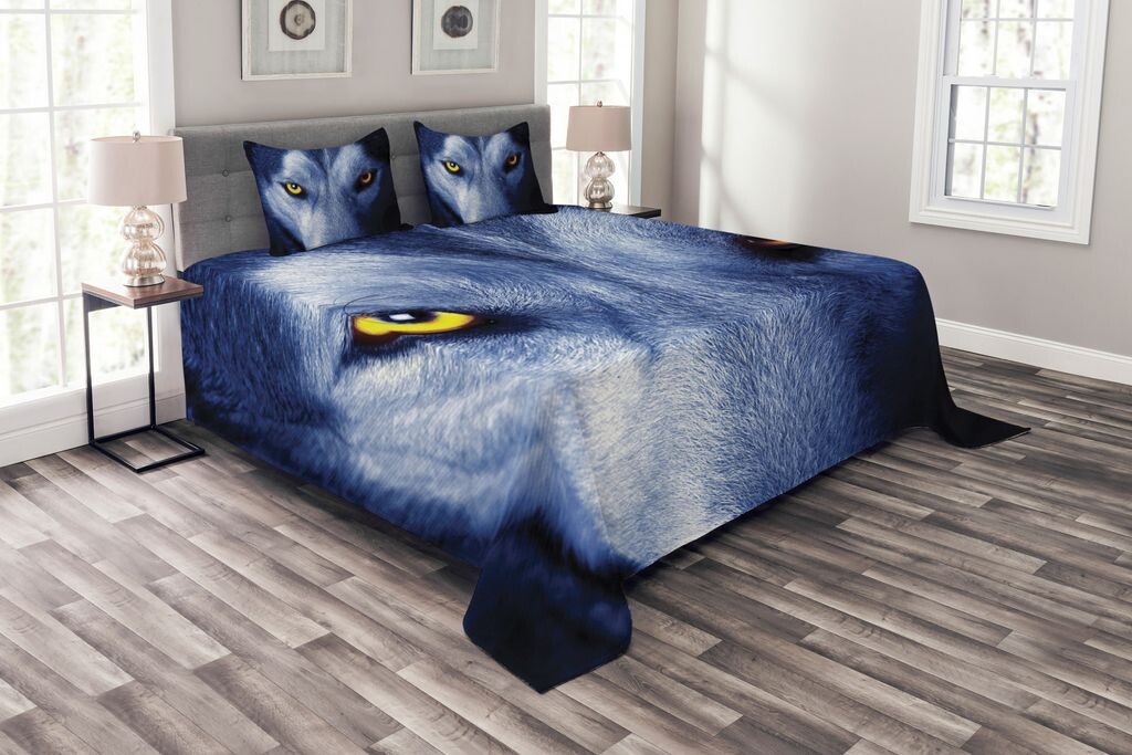 

ABAKUHAUS Комплект покрывала Wolf, Howling Under the Full Moon, с моющимися наволочками, для односпальных кроватей 264 x 220 см, Голубой Голубой