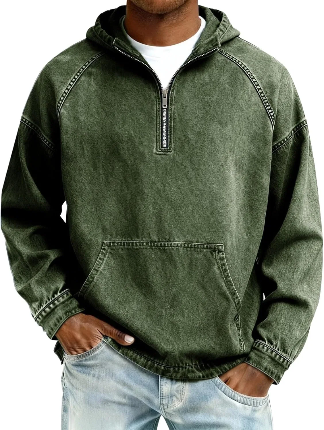 Мужская худи с капюшоном, молнией, винтажный дизайн, бренд Generic, цвет Army Green