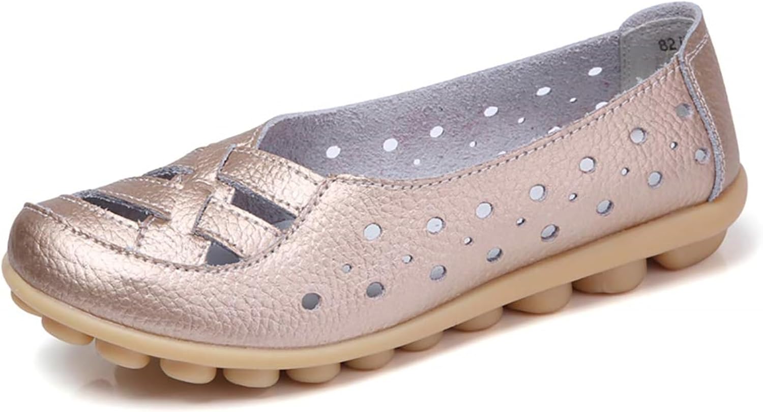 

Женские удобные сандалии Дышащие кожаные с вырезами Лоферы-балетки Летние сандалии без шнуровки С вырезами Повседневные с круглым носком Ортопедические лоферы Модная мягкая обувь Kajxz, золотой