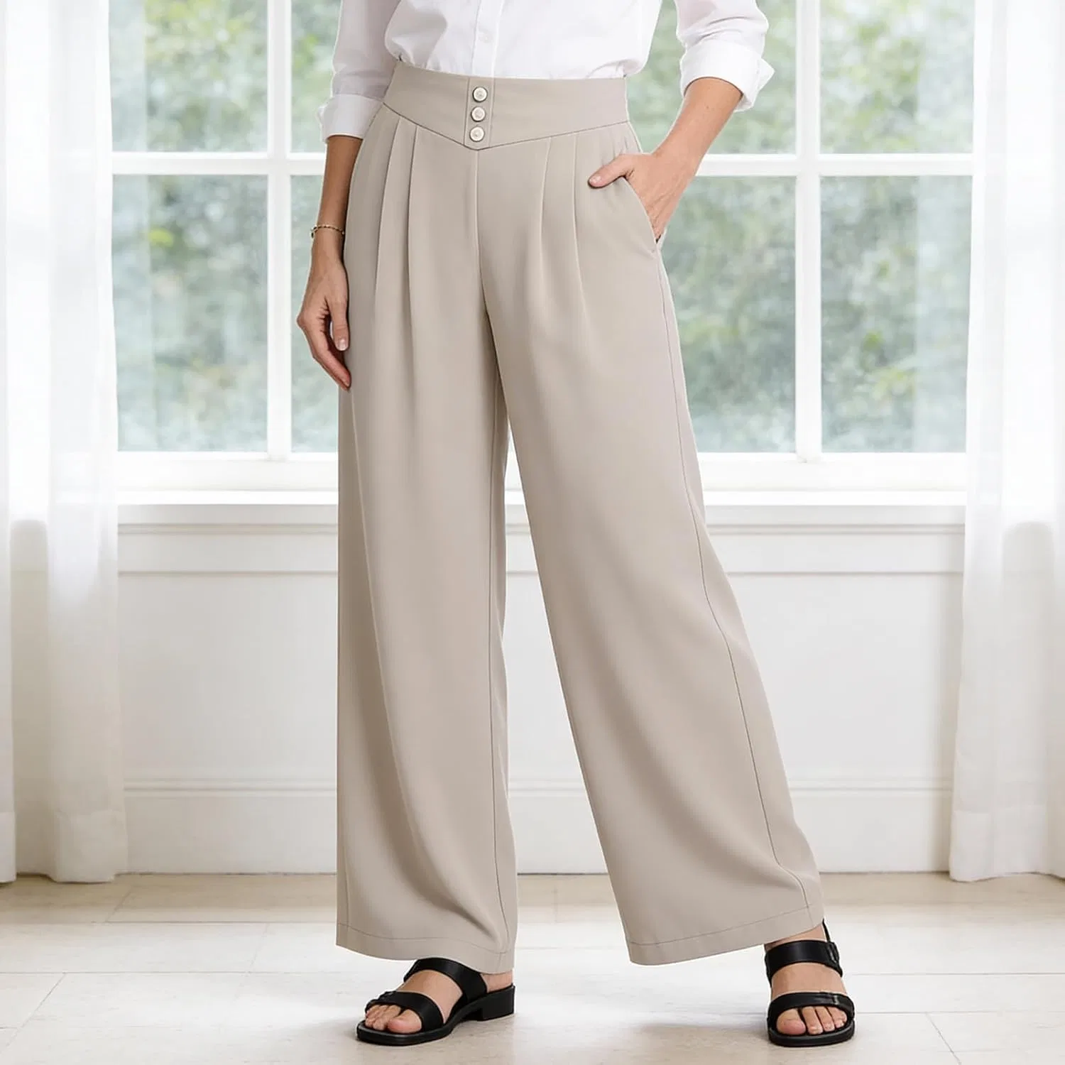 Брюки для женщин Soft Drape, свободные широкие, нарядные-повседневные, с высокой посадкой, на резинке, тянущиеся, для работы, для старше 50 Generic, бежевый — фото 2