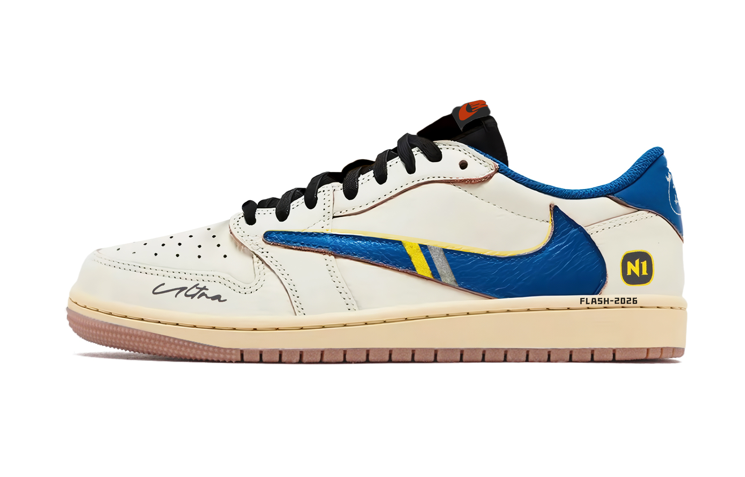 

Travis Scott x Air 1 Blue Lightning Hook 7.0 низкая амортизация низкие винтажные баскетбольные кроссовки unisex Jordan, белый/синий/желтый