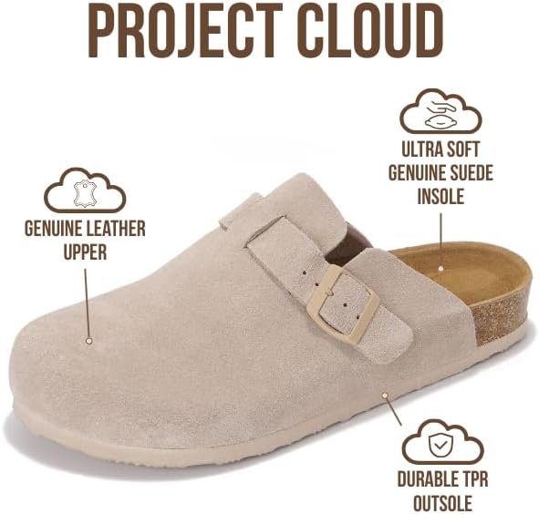 Мужские сабо Project Cloud - 100 натуральная кожа полного слоя, сабо с мемори-пеной для мужчин, поддержка свода стопы, пробковая стелька, противоскользящая подошва (Brooklyn), песочный — фото 2