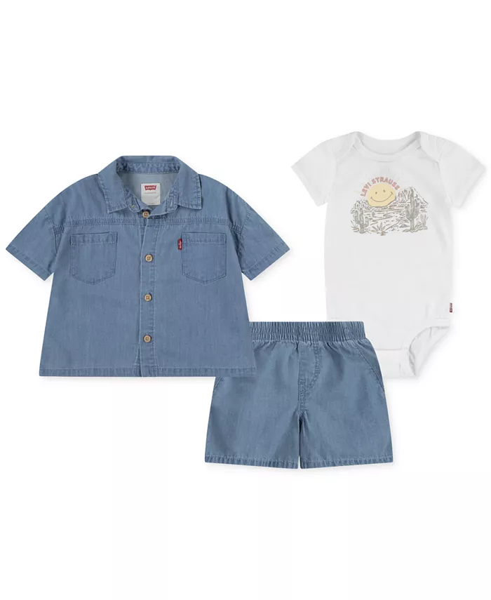 

Levi’s Детский комплект для мальчиков: джиговая рубашка на пуговицах, боди и шорты (3 предмета) Levi's, синий