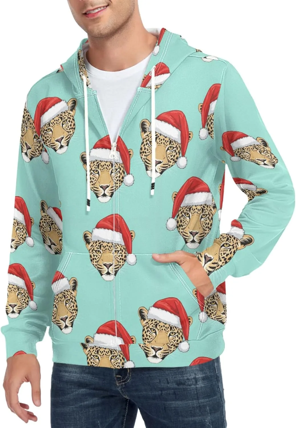 

Мужская толстовка с полной молнией и принтом леопардовых голов в шапках Санты CUPADA