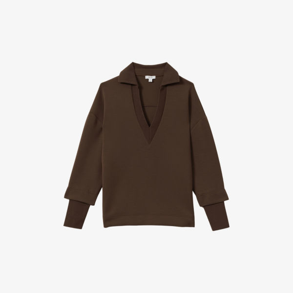 

Джемпер Reiss Берни свободного кроя с открытым воротом из эластичного трикотажа, коричневый