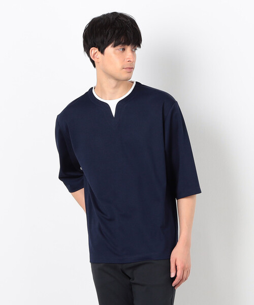 

Футболка с вырезом-«замочной скважиной» и рукавами три четверти, многослойный крой COMME CA ISM, темно-синий