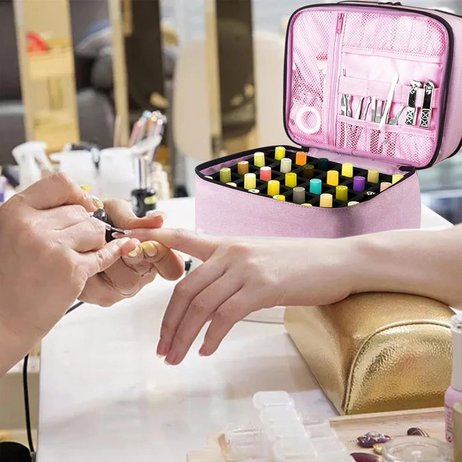 Двухслойная дорожная сумка для хранения лаков и лампы для ногтей Penlimly, Pink — фото 4