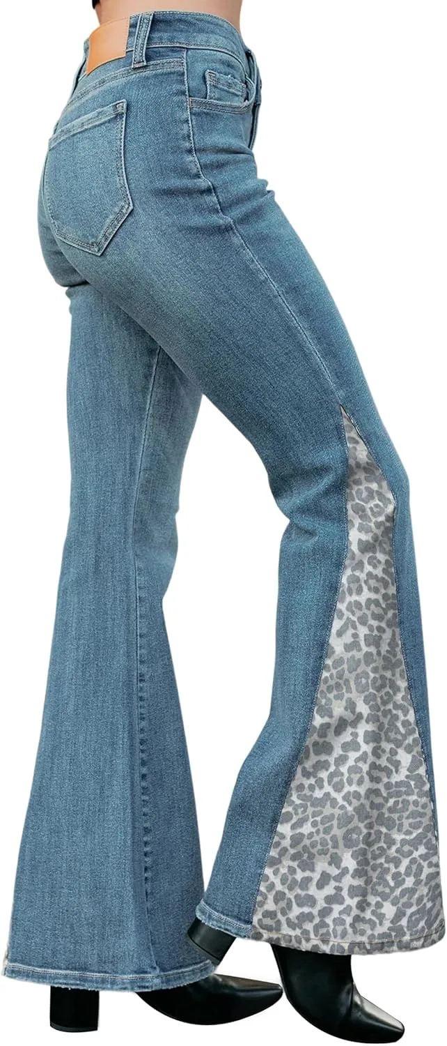 

Женские джинсы с леопардовым принтом и клеш QLAUYIOE