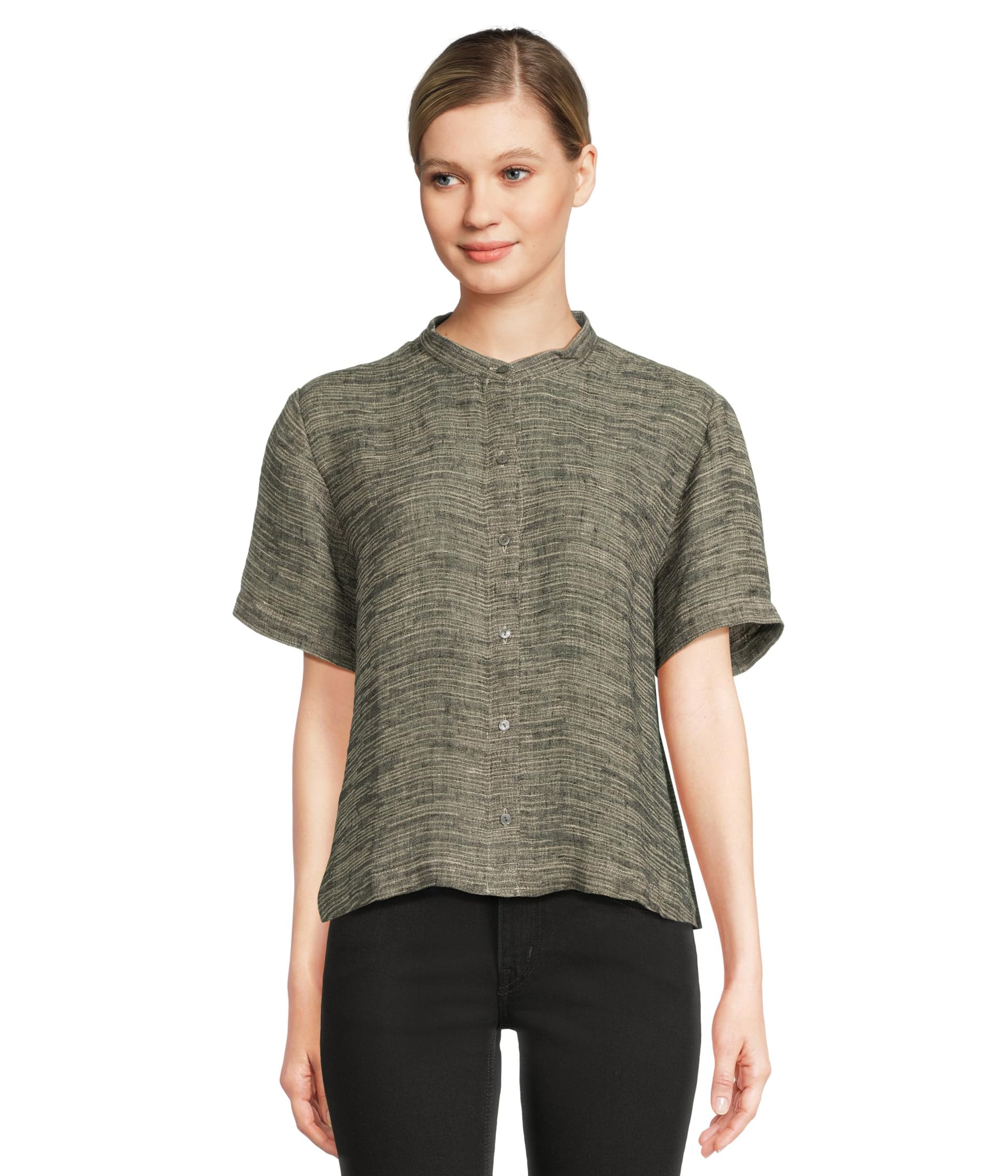 

Рубашка Eileen Fisher Mandarin Collar Short Sleeve Shirt, Black Natural