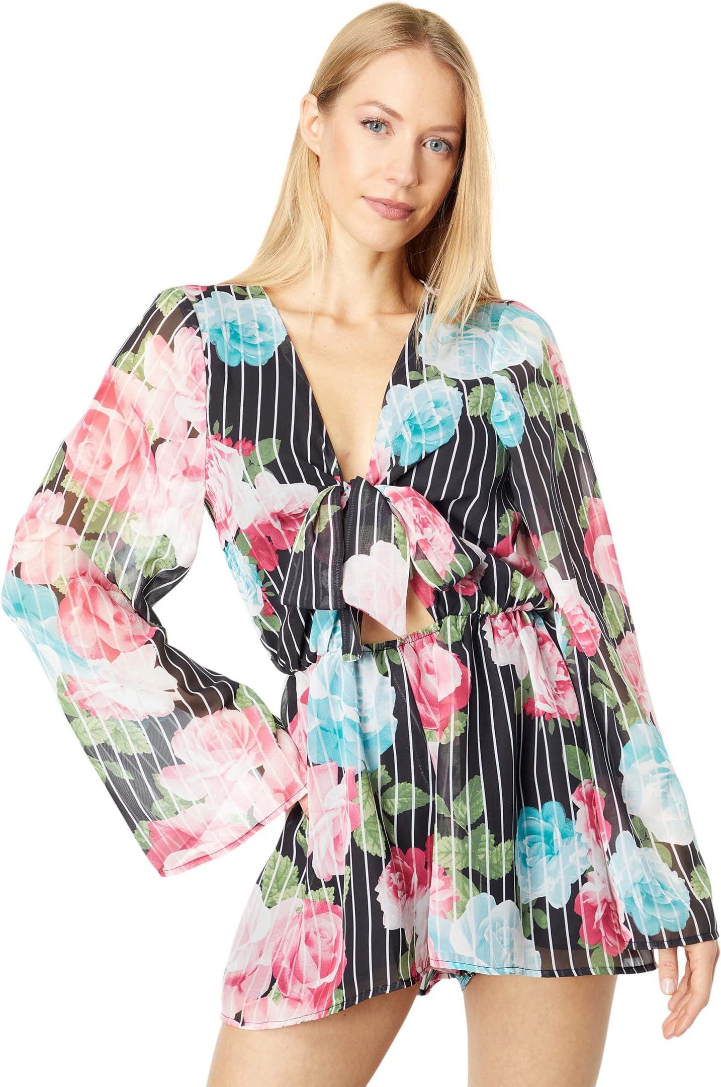 

Комбинезон Bebe Tie Front Floral Flutter Sleeve Romper, цвет Black/Pink