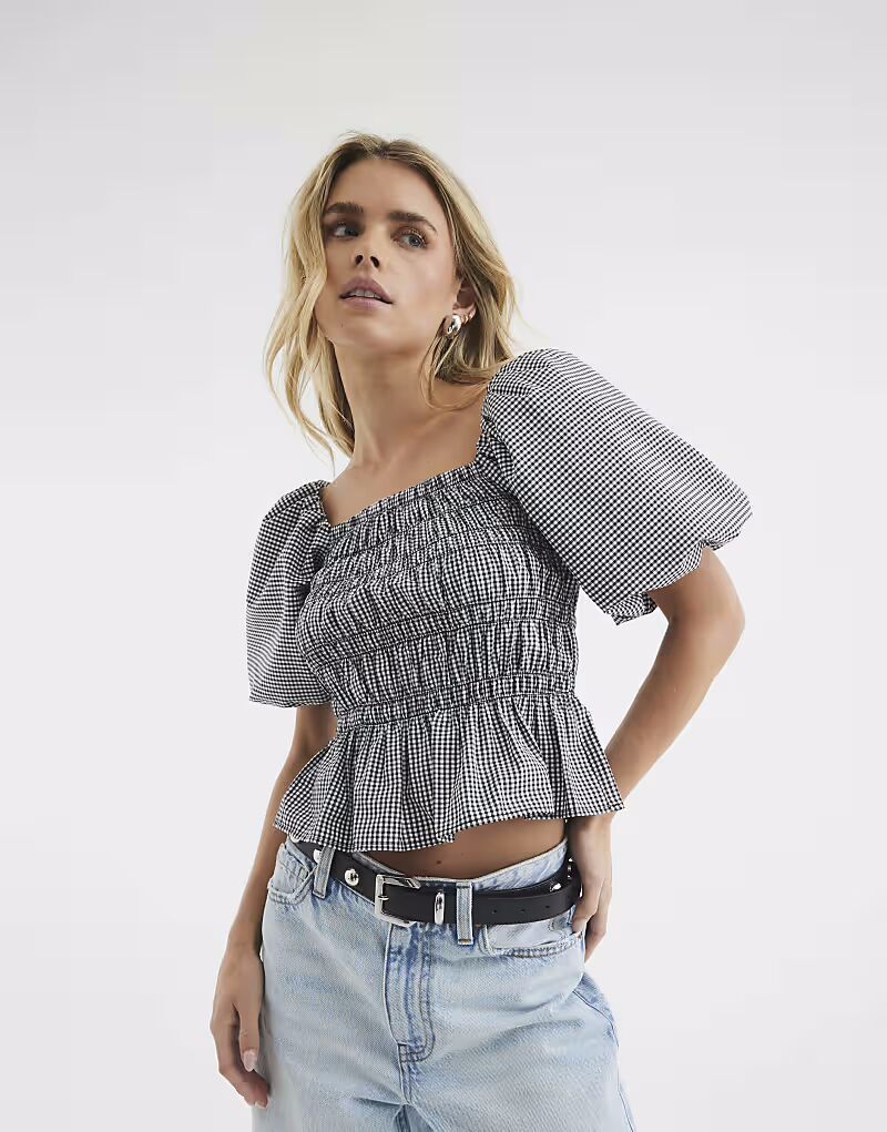 

Топ River Island Petite с рукавами-фонариками в клетку в стиле гингем черного цвета
