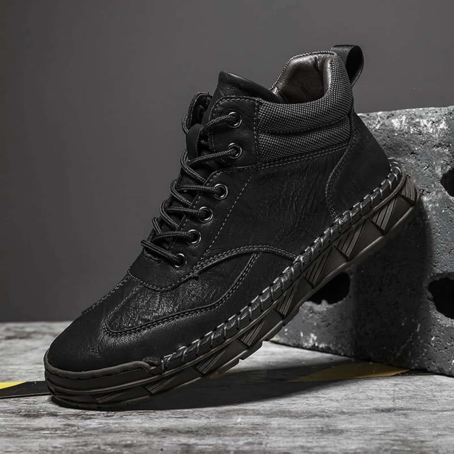 Мужские кожаные ботинки Sawbehind, ручная работа, шнуровка, плоская подошва, винтажный стиль, черный — фото 4