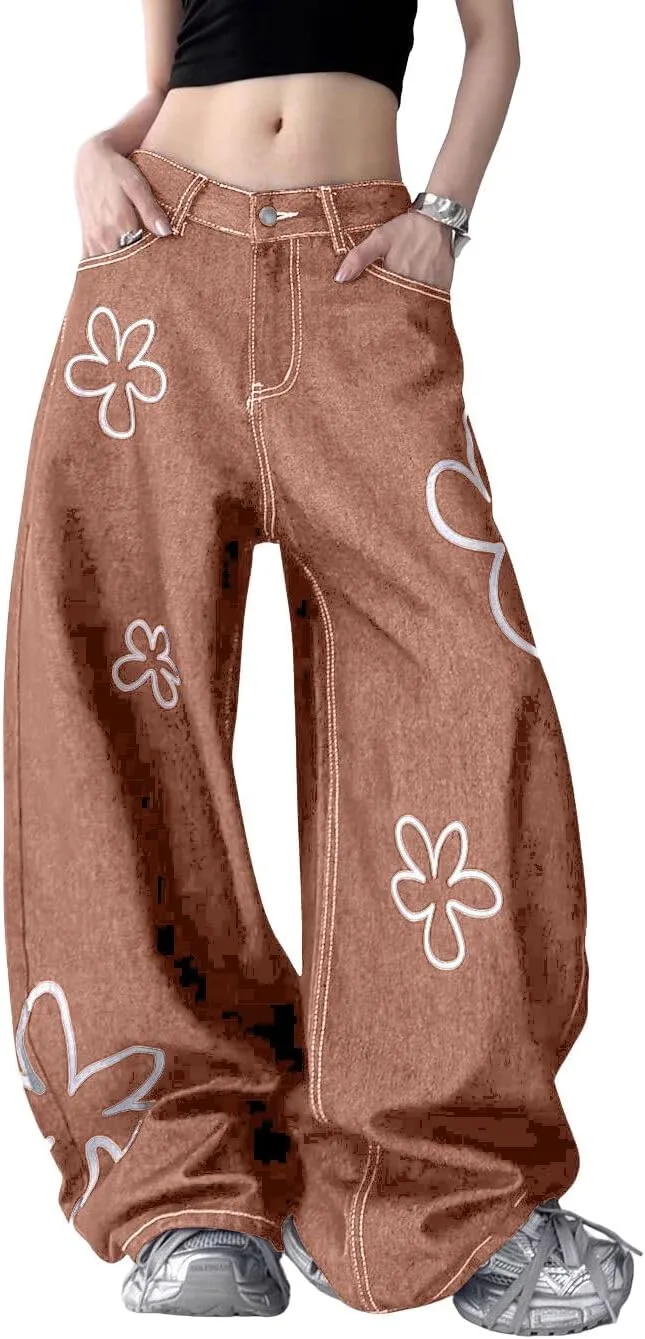 

Женские джинсы-палаццо с цветочным принтом chouyatou