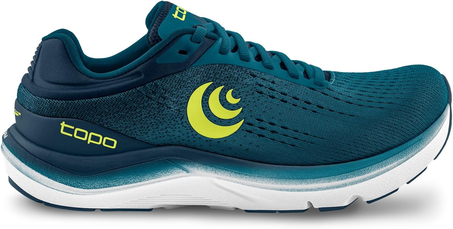 Мужские беговые кроссовки Topo Athletic Magnifly 5 - комфортные, легкие, с амортизацией, прочные, нулевая разница между пяткой и носком, шнуровка, для бега по дороге, спортивная обувь для дорожного бега, синий/зеленый — фото 4