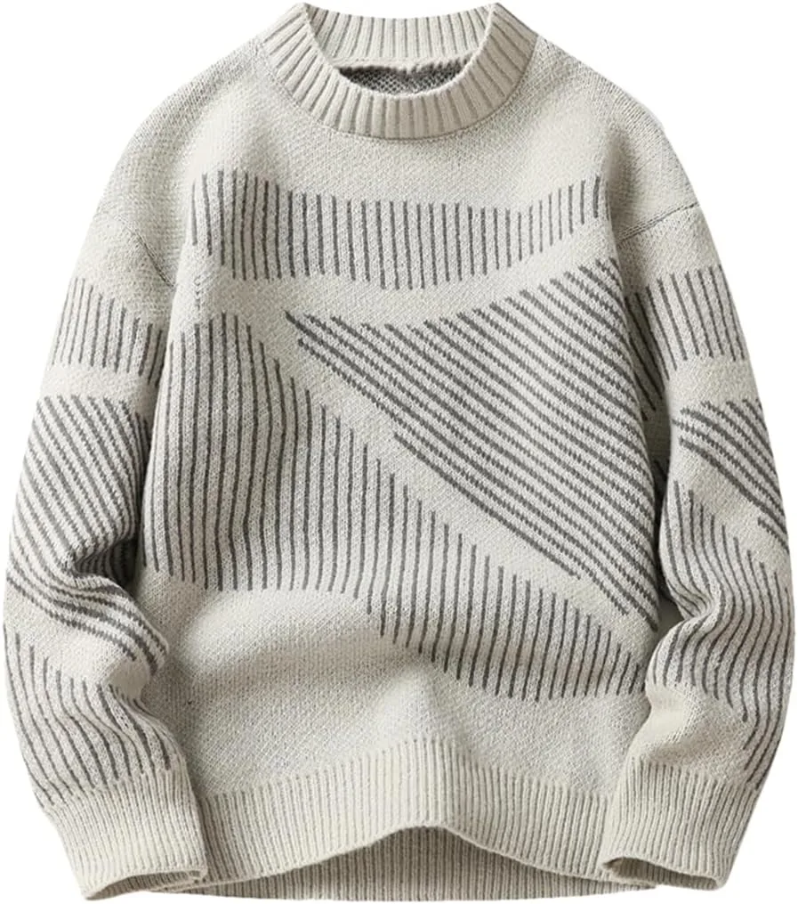 

Мужской свитер с длинным рукавом в полоску, утепленный, круглый вырез