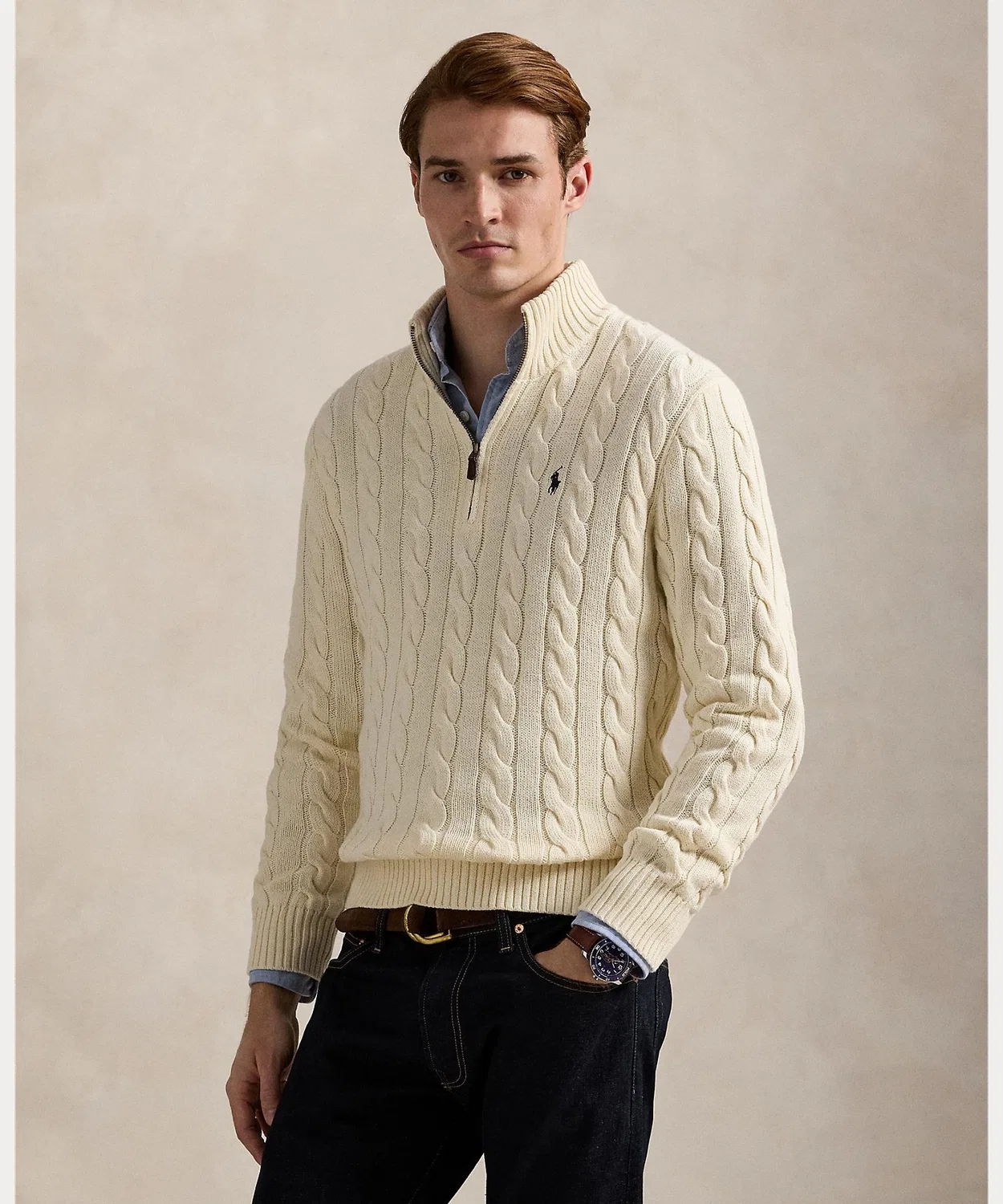 Свитер из хлопкового трикотажа с косами, Ralph Lauren, натуральный
